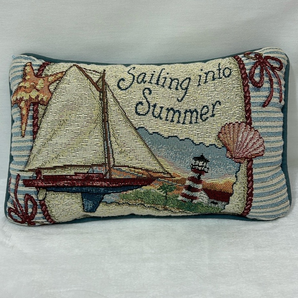 Nautical Tapestry Decorative Pillow with Sailboat Design